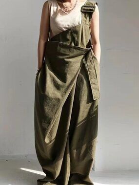 Olive Military Green One Shoulder Oversized Buckle Wide Leg Pants Jumpsuit